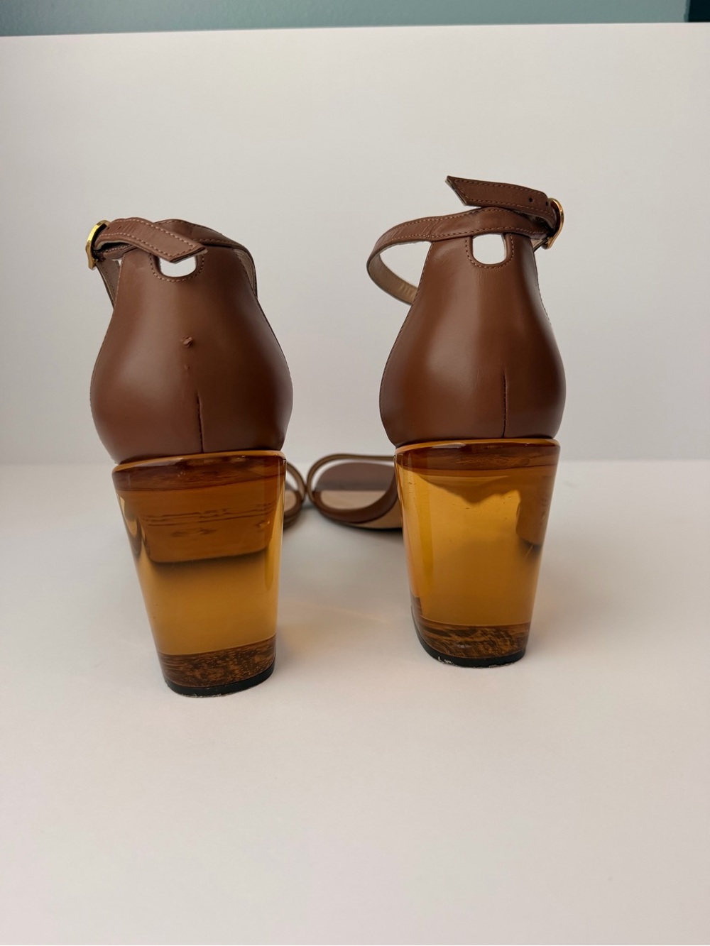 Stuart Weitzman Brown Leather Sandals with Amber Block Heel size 10 - Picture 6 of 7